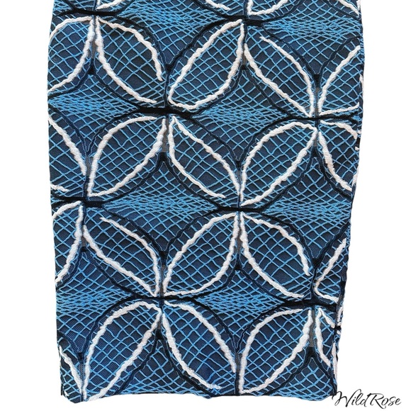 ROLAND MOURET “BANCROFT” BLUE GEOMETRIC PRINT EMBROIDERED MIDI PENCIL DRESS SZ 6 - Picture 7 of 15